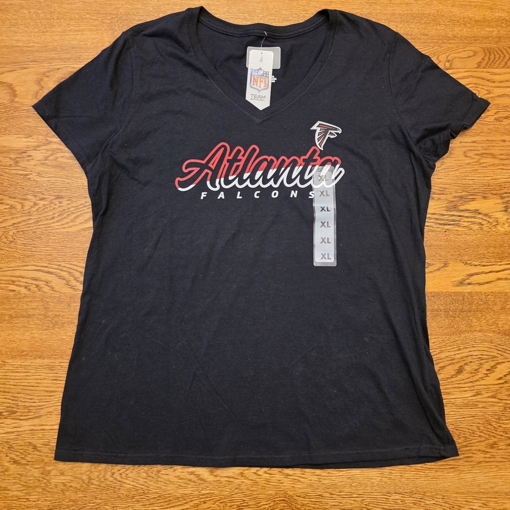 New NFL Atlanta Falcons Team Black V-Neck T-Shirt Women's Sz XL 100%‎ Cotton